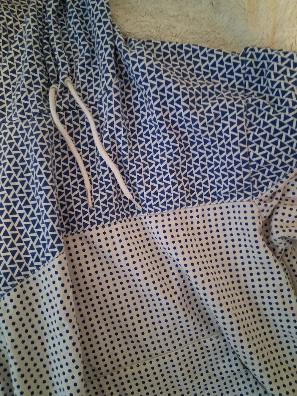 Women’s Blue and White Patterned Hoodie Sweater, Abstract, Artistic